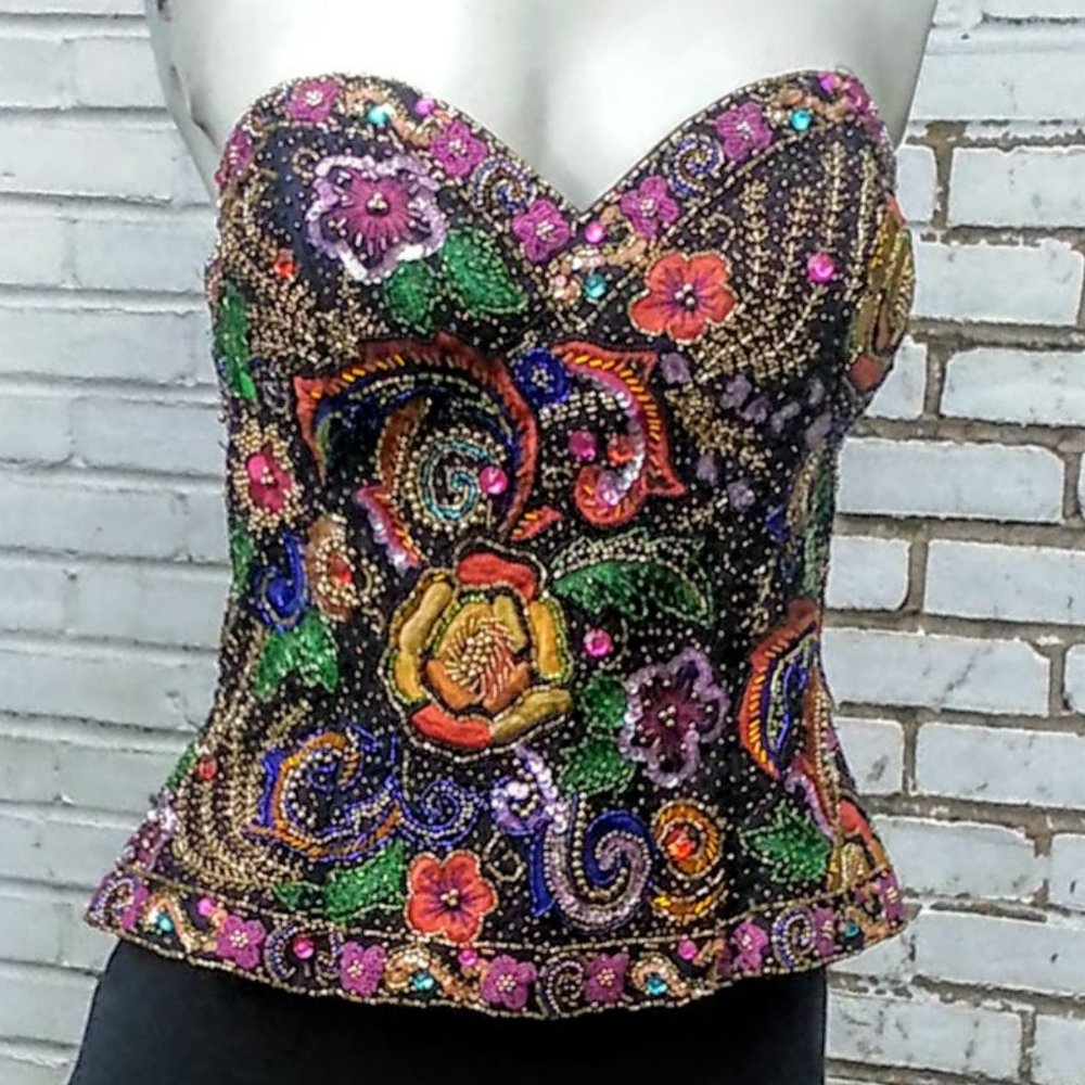 Vintage Black Tie by Oleg Cassini Silk heavily beaded evening strapless top